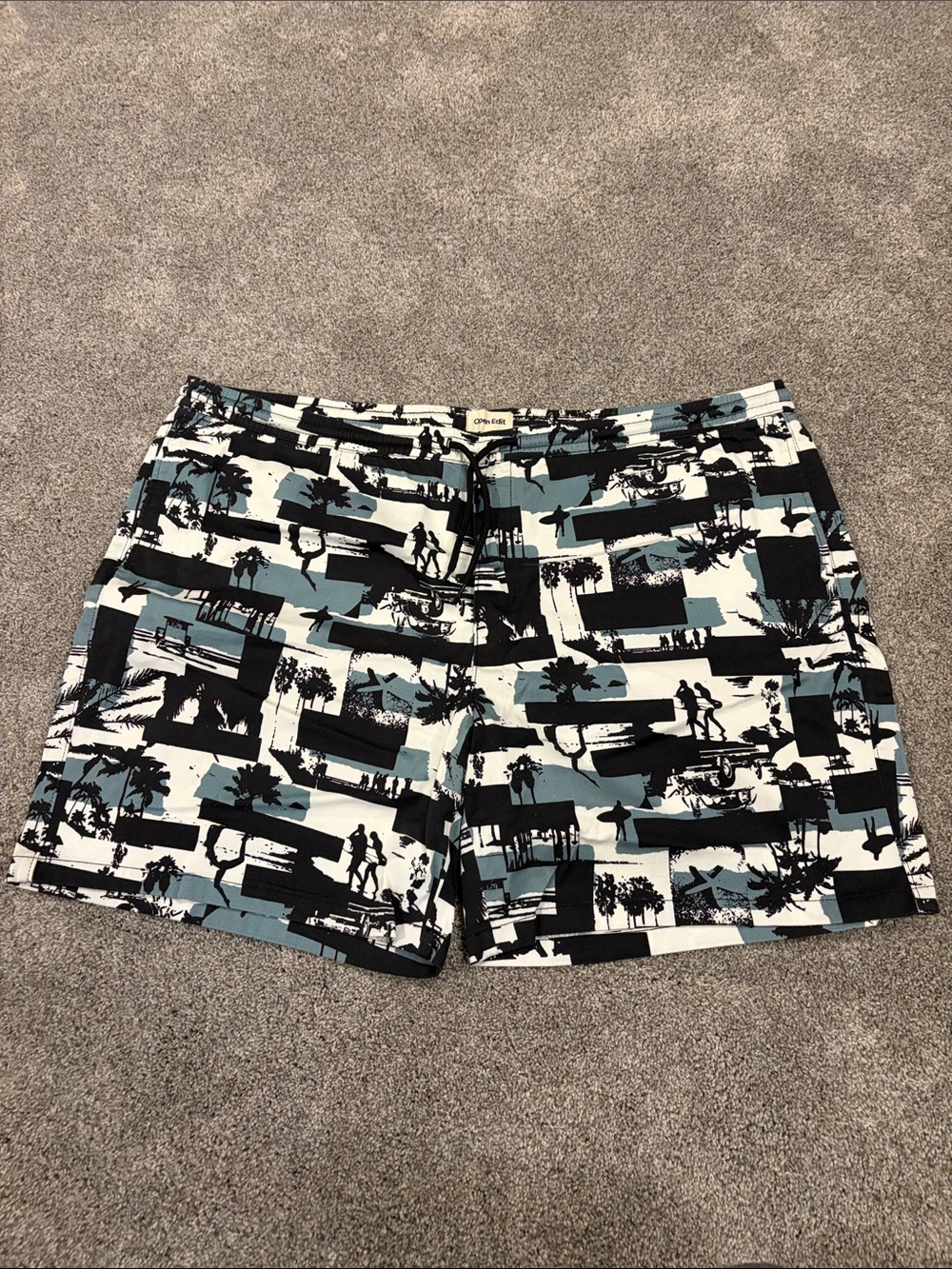 Men's Blue Black Graphic Swim Trunks with Drawstring Waist